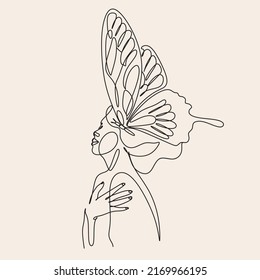 Woman Head with Butterfly Continuous Line Drawing Set. Female Nature One Line Abstract Portrait. Woman face Minimalist Contour Wall Art Design. Elegant logo for cosmetics or hair stylist brand