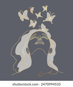 Woman head with butterfly Continuous line. Golden line art on grey background. Butterfly on head of a girl. Attractive woman face. Female portrait with flying moths. Hand-drawn vector