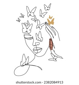 Woman Head with butterfly Line Art Vector Drawing. 