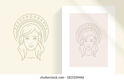 Woman Head With Celestial Ornamental Headgear Silhouette Linear Vector Illustration. Young Female Face Esoteric Minimal Object Outline Style. Good For Logo Emblem Or Poster Decoration.