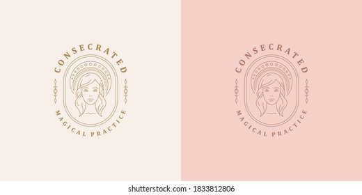 Woman head with celestial ornamental headgear logo linear vector illustration. Beauty young female face mystic silhouette outline style for magic logotype emblem or esoteric brand.