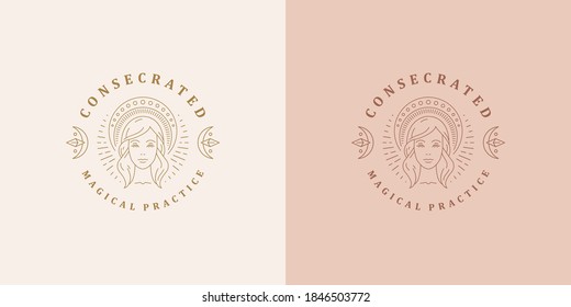 Cabeza de mujer con el logotipo del velo ornamental celestial, ilustración vectorial lineal. La joven mujer de belleza se enfrenta al estilo del contorno de silueta mística para el emblema del logotipo mágico o marca esotérica.