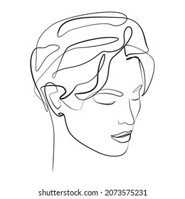 Woman head close up with short hair and her eyes closed line art on white isolated background. Vector illustration