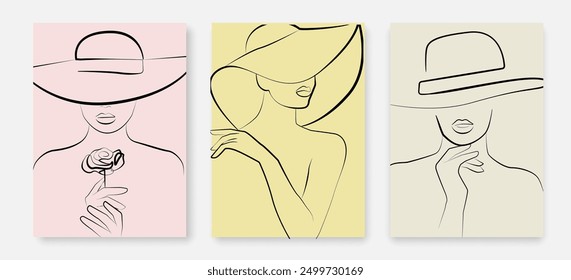 Woman Head Continuous One Line Vector Drawing Set. Style Template with Abstract Female Silhouette. Woman Profile Elegant Minimalist Simple Linear Style. Female Art for Beauty Fashion Design