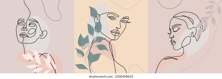 Woman Head Continuous One Line Vector Drawing Set. Style Template with Abstract Female Silhouette. Woman Profile Elegant Minimalist Simple Linear Style. Female Art for Beauty Fashion Design