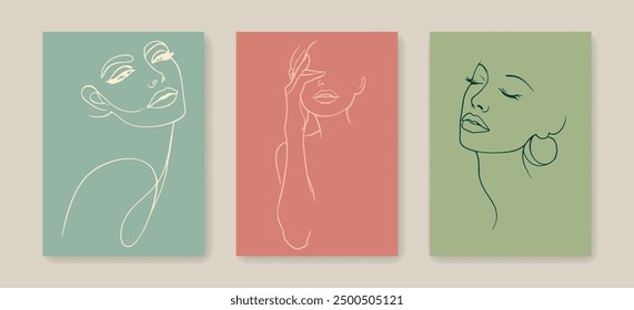 Conjunto de estampados de dibujo de Vector continuo de una línea de mujer. Plantilla de estilo con silueta femenina Abstractas. Mujer Perfil Elegante Minimalista Estilo Lineal Simple. Arte femenino para el diseño de moda de la belleza