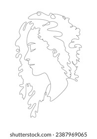 Woman Head with curly hairstyle Line Art Illustration. Female head Feminine Minimalist Logo, line drawing with abstract expressive lines. Vector illustration