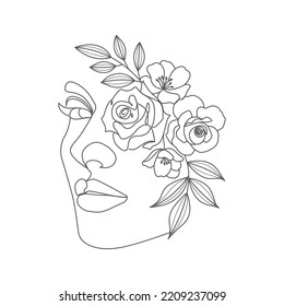 Woman head and eyes with flowers linear elegant line art style