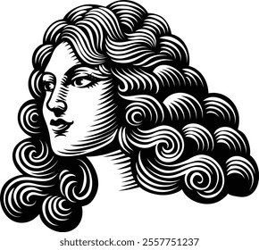 A woman head or face, an original illustration in a vintage woodcut style.