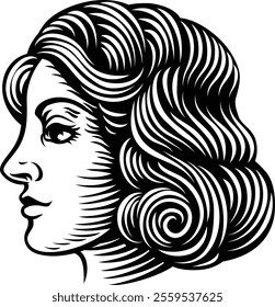 A woman head or face, an original illustration in a vintage woodcut style.