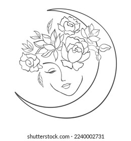 Woman Head with Florals and Moon. Fashion Style. Vector Illustration.