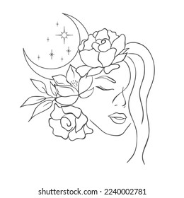 Woman Head with Florals and Moon. Fashion Style. Vector Illustration.