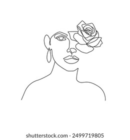 Woman Head with Flower Black Silhouette Vector Drawing. Style Template with Female Face with Rose Flower. Modern Minimalist Simple Boho Style. Beauty Fashion Design