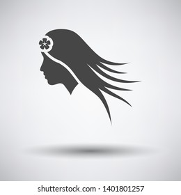 Woman head with flower in hair icon on gray background with round shadow. Vector illustration.