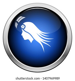 Woman Head With Flower In Hair Icon. Glossy Button Design. Vector Illustration.