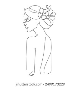 Woman Head with Flowers Black Silhouette Vector Drawing. Style Template with Female Figure with Flowers and Leaves. Modern Minimalist Simple Boho Style. Beauty Fashion Design