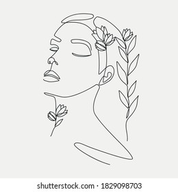 Woman head with flowers composition. Hand-drawn vector line-art illustration. One Line style drawing.