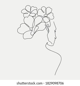 Woman head and flowers composition  Hand  drawn vector line  art illustration  One Line style drawing 