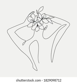 Cabeza de mujer con composición de flores. Ilustración de la línea de arte de vector dibujada a mano. Dibujo de un estilo de línea.