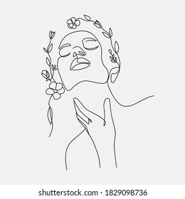 Woman head with flowers composition. Hand-drawn vector line-art illustration. One Line style drawing.