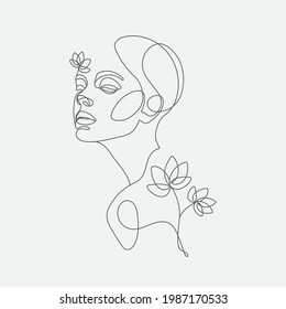 Cabeza de mujer con composición de flores. Ilustración de la línea de arte de vector dibujada a mano. Dibujo de un estilo de línea.