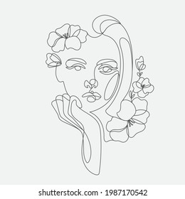 Woman head with flowers composition. Hand-drawn vector line-art illustration. One Line style drawing.