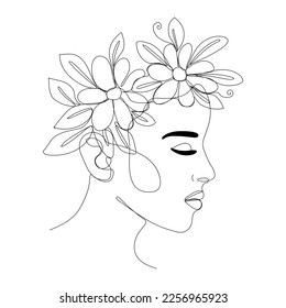 Woman head with flowers composition. Hand-drawn vector line-art illustration. One Line style drawing