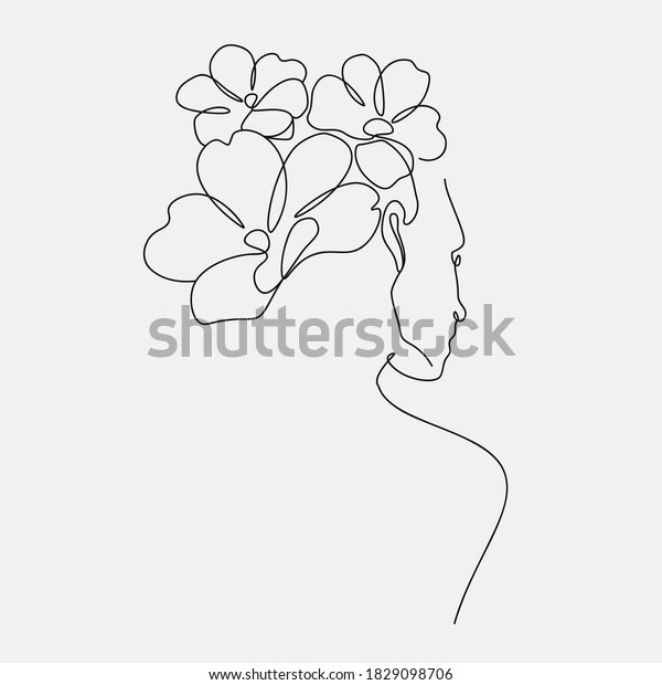Woman head with\
flowers composition. Hand-drawn vector line-art illustration. One\
Line style drawing.