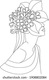 Woman Head with Flowers Continuous Line Drawing. One Line Abstract Portrait. Woman Minimalist Contour Wall Art Design. Vector