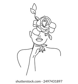 Woman Head with Flowers Creative Line Art Drawing. Minimal Linear Art of Woman Face with Flowers. Beauty Line Drawing of Abstract Woman Head for Trendy Minimal or Boho Design. Vector Illustration