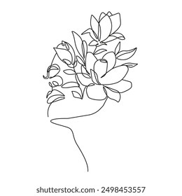Woman Head with Flowers Line Art Vector Drawing. Style Template with Female Face with Flowers and Leaves. Modern Minimalist Simple Linear Style. Beauty Fashion Design	