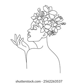 Woman Head with Flowers Line Art Drawing. Linear Drawing of Female Floral Portrait. Single Line Botanical Vector Illustration Isolated on White Background. Not AI