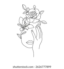 Cabeça de mulher com flores Linha Arte Desenho. Desenho de linha criativa da cabeça feminina floral. Beleza Moda Retrato Feminino, Vetor Elegante Arte Minimalista para Design de Moda, Wall Art, Imprimir. Não é IA
