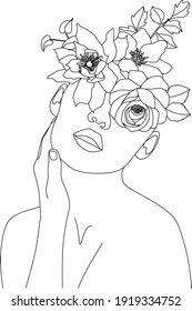 Woman Head with Flowers Line Vector Drawing. Style Template with Female Face with Flowers. Modern Minimalist Simple Linear Style. Beauty Fashion Design