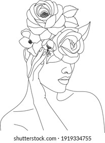 Woman Head with Flowers Line Vector Drawing. Style Template with Female Face with Flowers. Modern Minimalist Simple Linear Style. Beauty Fashion Design