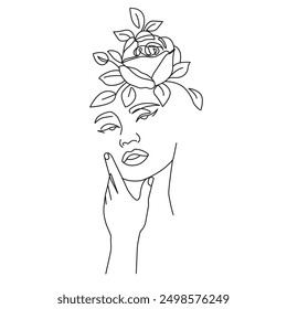 Woman Head with Flowers Line Vector Drawing. Style Template with Female Face with Flowers. Modern Minimalist Simple Linear Style. Beauty Fashion Design