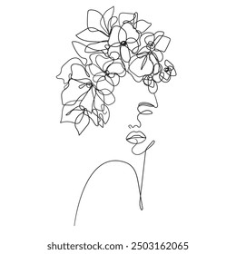 Woman Head with Flowers Line Vector Drawing. Style Template with Female Face with Flowers. Modern Minimalist Simple Linear Style. Beauty Fashion Design