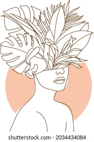 Woman Head with Flowers One Line Drawing. Continuous Line Woman and Flowers. Abstract Contemporary Design Template for Covers, t-Shirt Print, Postcard, Banner etc.