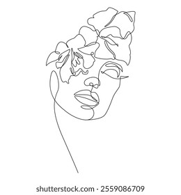 Woman Head with Flowers One Line Art Drawing. Linear Drawing of Female Floral Portrait. Single Line Botanical Vector Illustration Isolated on White Background. Not AI