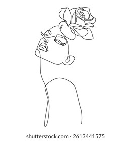 Woman Head with Flowers One Line Art Vector Drawing. Style Template with Female Face with Flowers. Modern Minimalist Simple Linear Style for Beauty Fashion Design. Not AI