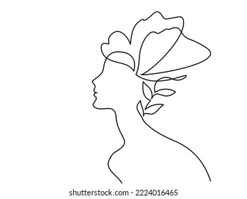 Woman head with flowers plant composition. Hand-drawn vector line-art illustration. Continuous One Line style drawing. Vector illustration