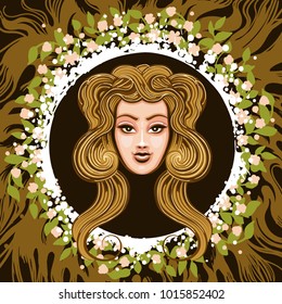 Woman Head in Frame of leaves and roots. Zodiac symbol of Virgo on earth background. Vector illustration.