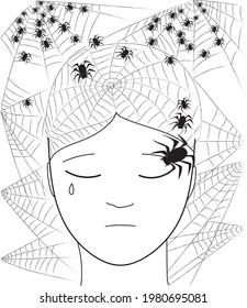 Woman head full of nightmares with net and spiders. Concept sketchy doodles illustration about stress and depression.