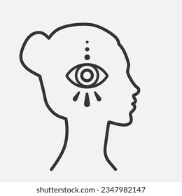 Woman head with hamsa eye. Spiritual or esoteric concept. Fortune teller woman line icon.  Mystery girl, astrology and destiny foresight. Vector illustartion