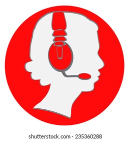 Woman head in handsfree headset vector icon. Red circle icon, woman head profile inside. Woman in mobile set. Call center symbol. Vector flat design element. Eps 10. Isolated on white.