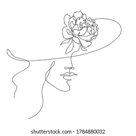 Woman head in hat. Isolated female portrait by line. Minimalist beauty logo print. Black and white hand drawn line art. Outline vector illustration