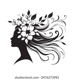 woman head with her hair Silhouette illustration colour black and white