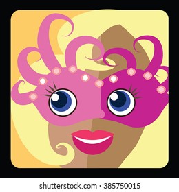 Woman head icon, avatar - beauty blonde girl wear pink venetian carnival mask. Glamour young woman smiling user picture on square button. Vector flat illustration for festival, birthday, anonymity.