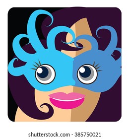 Woman head icon, avatar - beauty brunette girl wear blue venetian carnival mask. Glamour young woman smiling user picture on square button. Vector flat illustration for festival, birthday, anonymity.