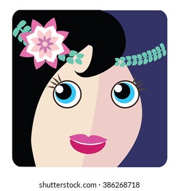Woman head icon, avatar - brunette  blue eyes young woman wear lotus flower as hairpin. Fashion, elegant young woman smiling face user picture on square button. Vector flat illustration. Blog icon.